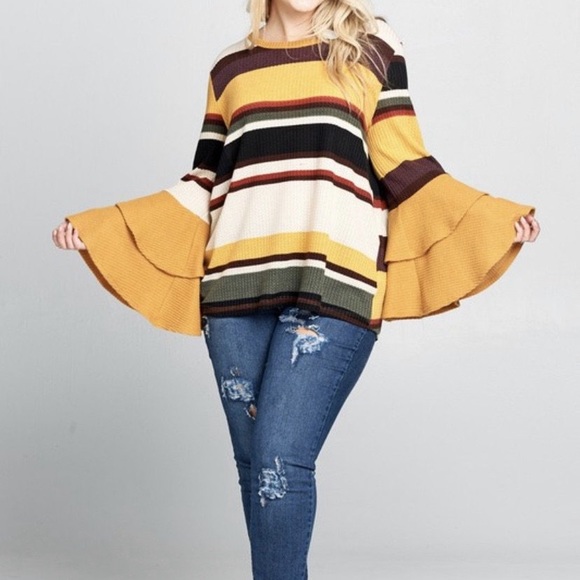 Sweaters - Stripped Knit Top Ruffle Bell Sleeves Plus Size